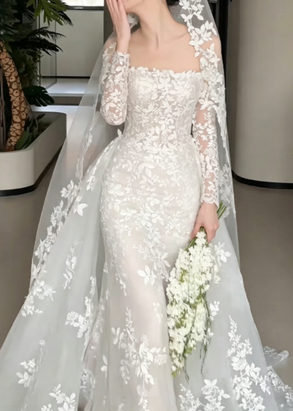 Classical Off-Shoulder Lace Wedding Dress Long Sleeve Sheath Bridal Dress GG6262