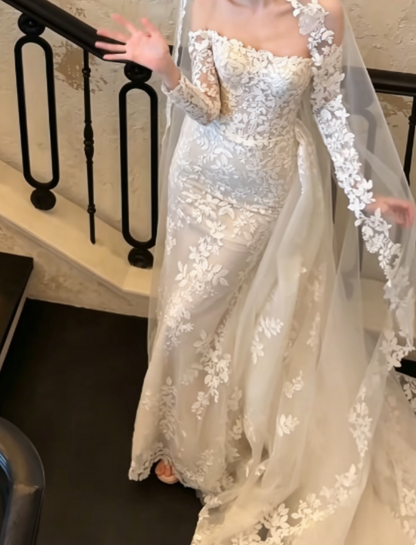 Classical Off-Shoulder Lace Wedding Dress Long Sleeve Sheath Bridal Dress GG6262