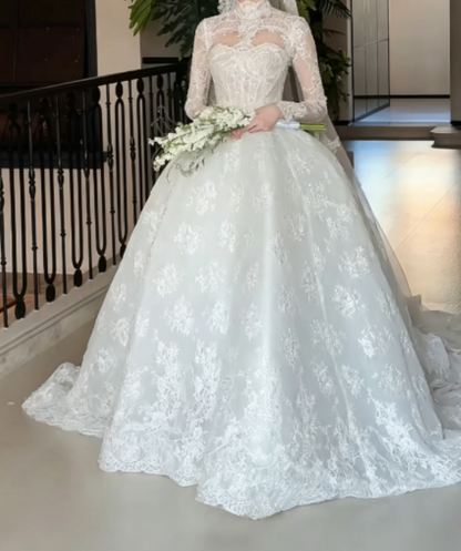 Romantic High Collar Lace Wedding Dress Long Sleeve Beaded A-Line Bridal Dress GG6263