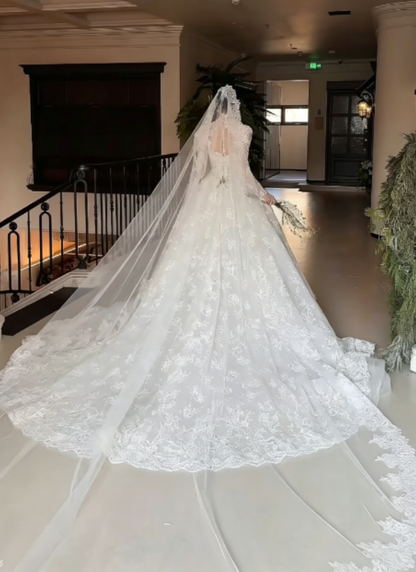 Romantic High Collar Lace Wedding Dress Long Sleeve Beaded A-Line Bridal Dress GG6263