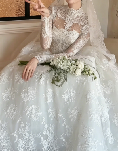 Romantic High Collar Lace Wedding Dress Long Sleeve Beaded A-Line Bridal Dress GG6263