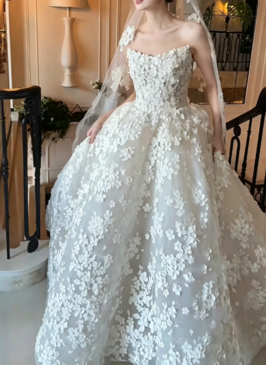 Ornate Strapless Appliques Wedding Dress A-Line Sequins Bridal Dress GG6264