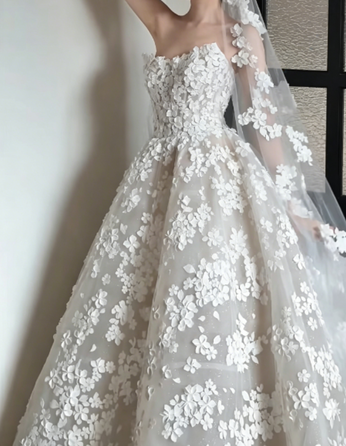 Ornate Strapless Appliques Wedding Dress A-Line Sequins Bridal Dress GG6264