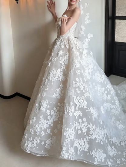 Ornate Strapless Appliques Wedding Dress A-Line Sequins Bridal Dress GG6264
