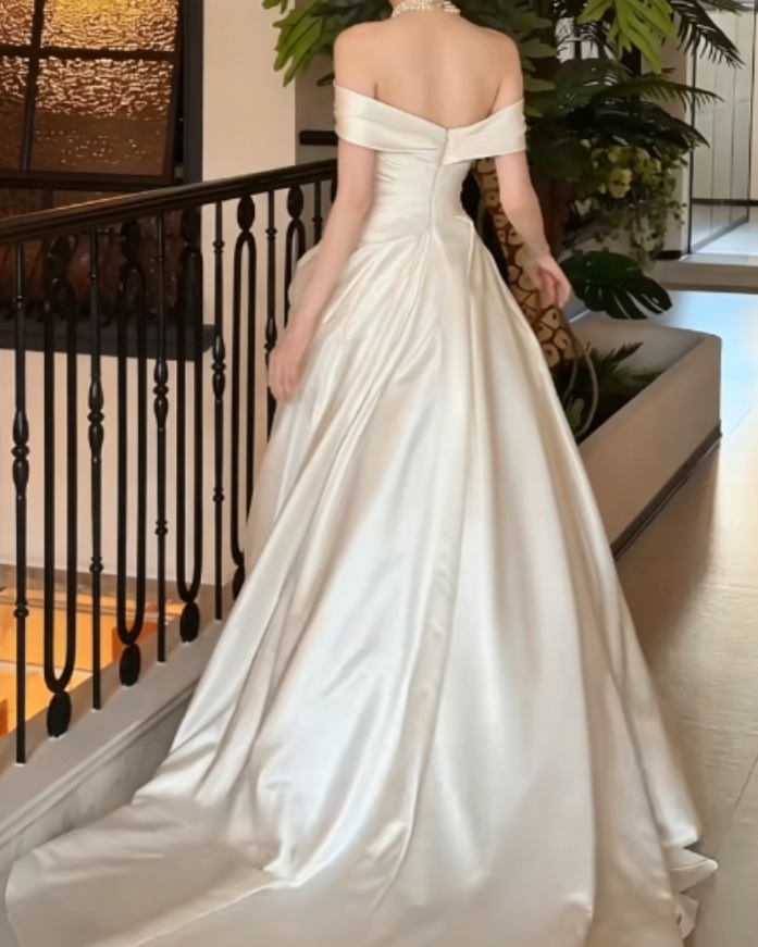 Simple Off-Shoulder Satin Wedding Dress White A-Line Bridal Dress GG6265