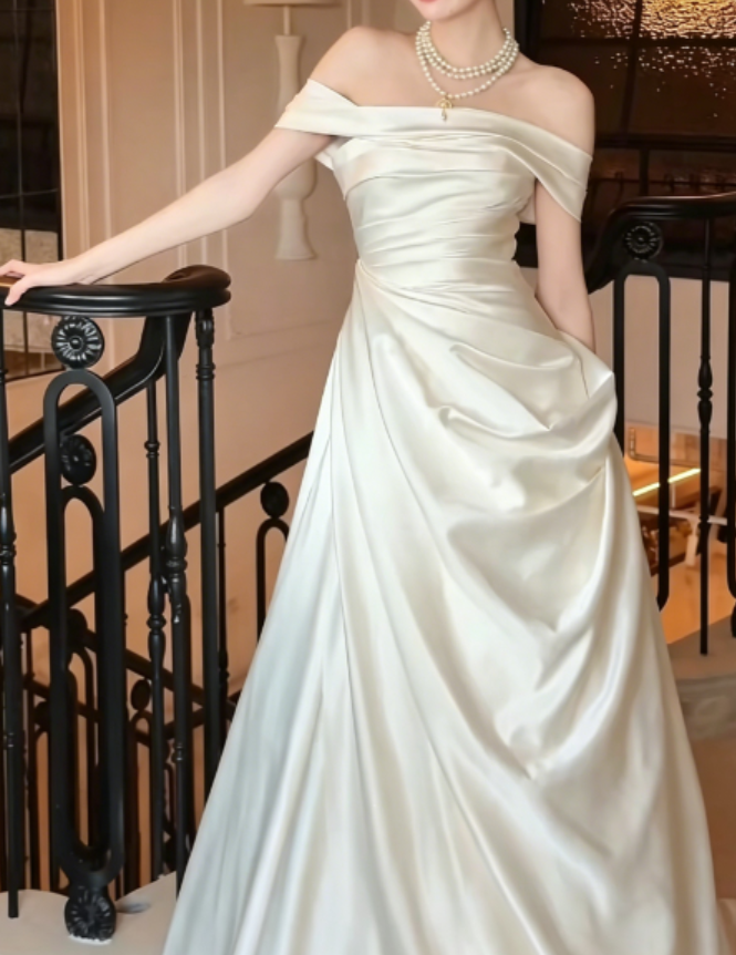 Simple Off-Shoulder Satin Wedding Dress White A-Line Bridal Dress GG6265