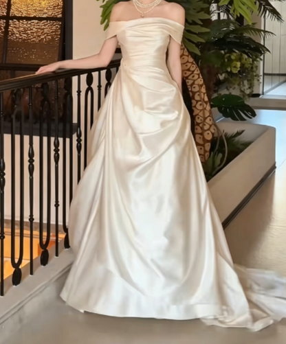 Simple Off-Shoulder Satin Wedding Dress White A-Line Bridal Dress GG6265