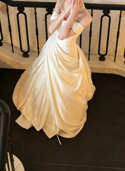 Simple Off-Shoulder Satin Wedding Dress White A-Line Bridal Dress GG6265