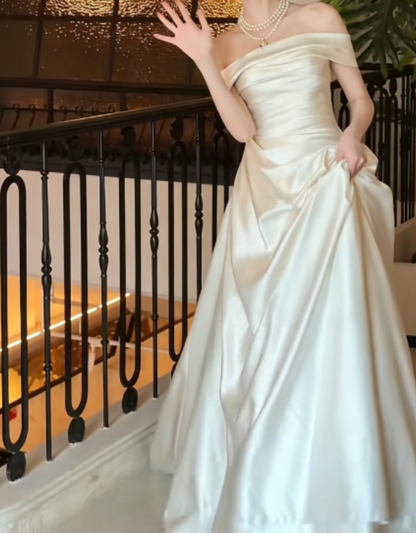 Simple Off-Shoulder Satin Wedding Dress White A-Line Bridal Dress GG6265