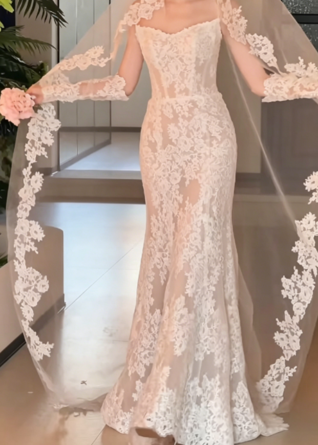 Glam Strapless Lace Wedding Dress White Mermaid Bridal Dress GG6266