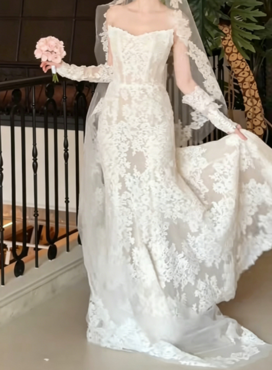 Glam Strapless Lace Wedding Dress White Mermaid Bridal Dress GG6266