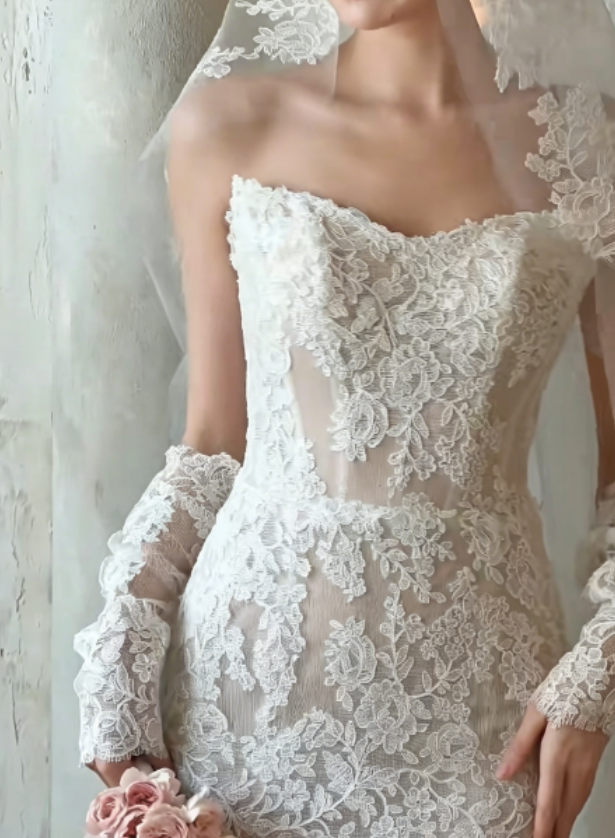 Glam Strapless Lace Wedding Dress White Mermaid Bridal Dress GG6266