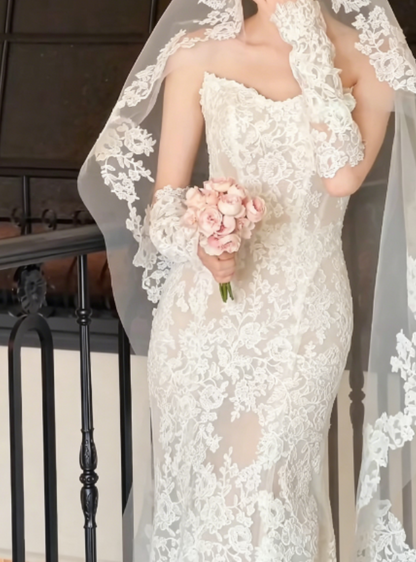Glam Strapless Lace Wedding Dress White Mermaid Bridal Dress GG6266