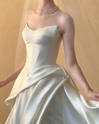 Elegant Strapless Satin Wedding Dress White A-Line Bridal Dress GG6269