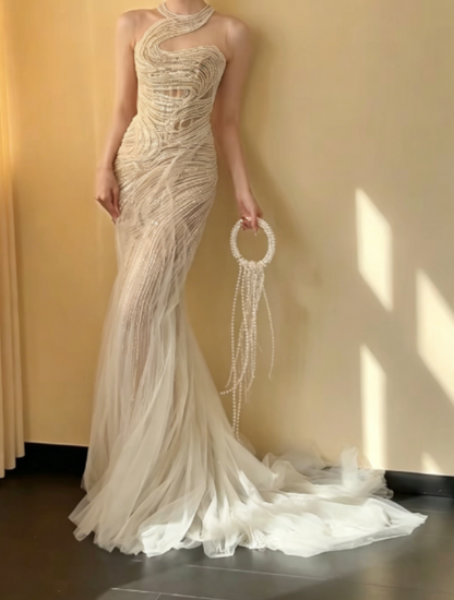Exquisite Halter Neck Beige Prom Dress Beading Sequins Mermaid Evening Dress GG6270
