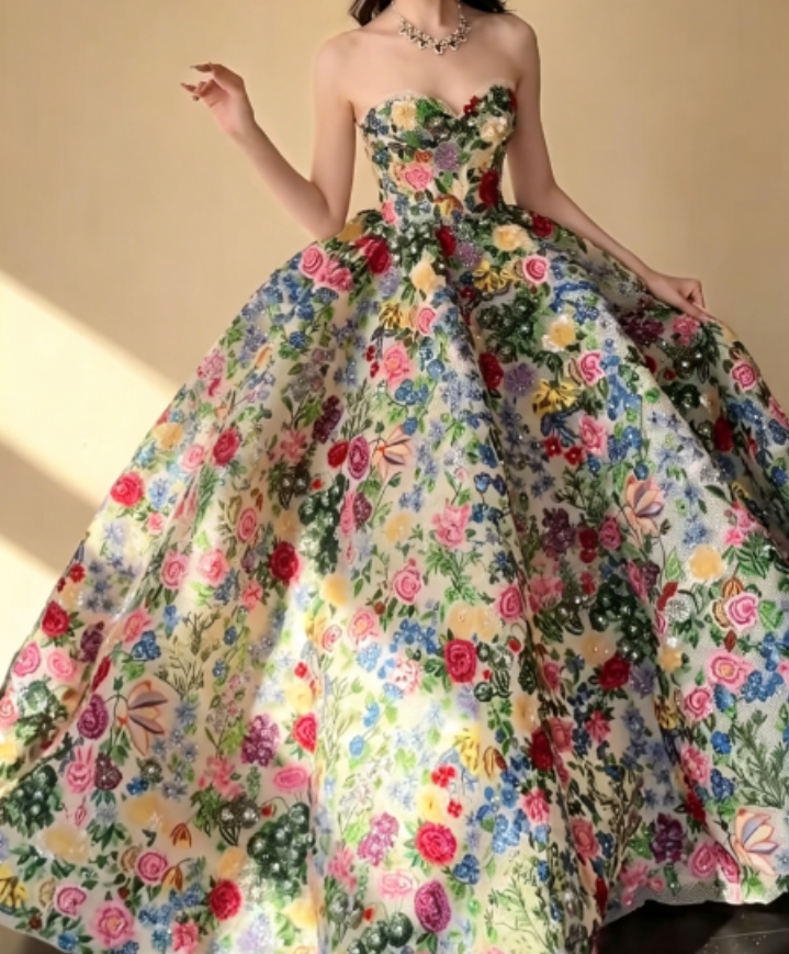 Dreamy Sweetheart Floral Prom Dress Sequins A-Line Evening Dress GG6271