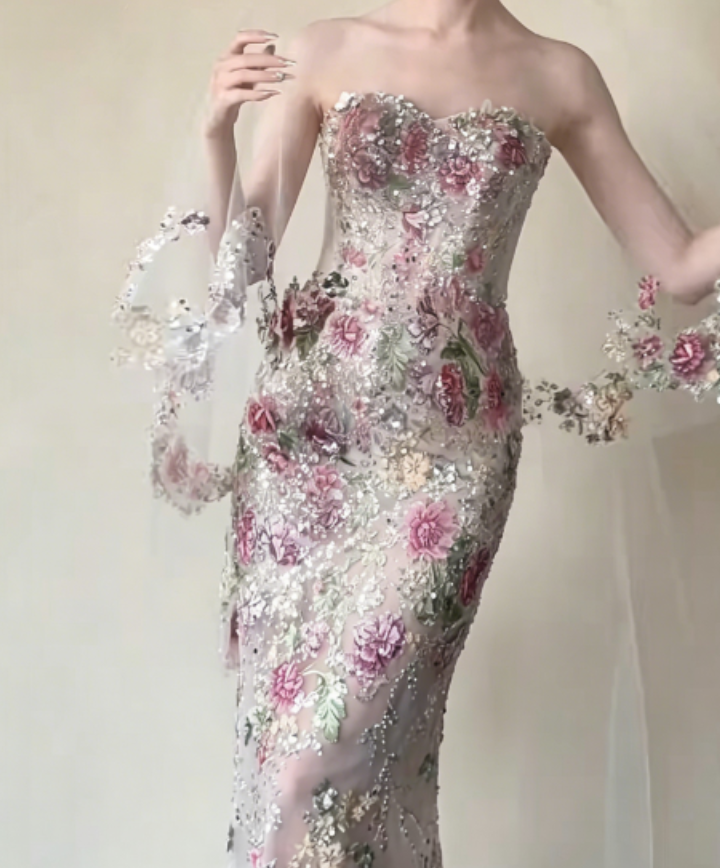 Ornate Strapless Pink Floral Prom Dress Sequins Mermaid Evening Dress GG6272