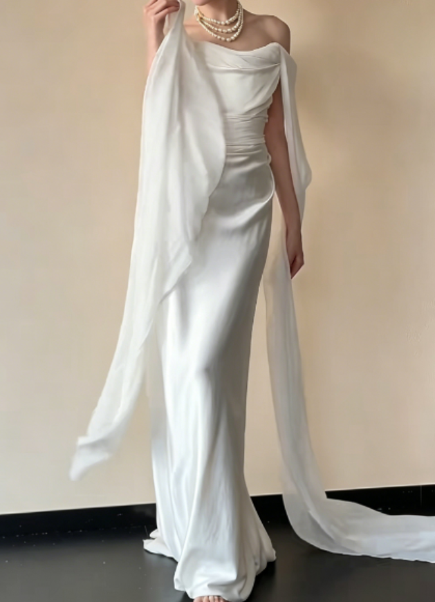 Classical Off-Shoulder White Wedding Dress Satin Sheath Bridal Dress GG6273