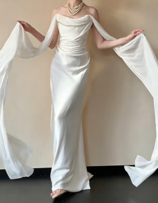 Classical Off-Shoulder White Wedding Dress Satin Sheath Bridal Dress GG6273