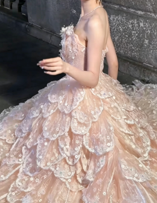 Romantic Beadeed Pink Prom Dress Tiered A-Line Evening Dress GG6275