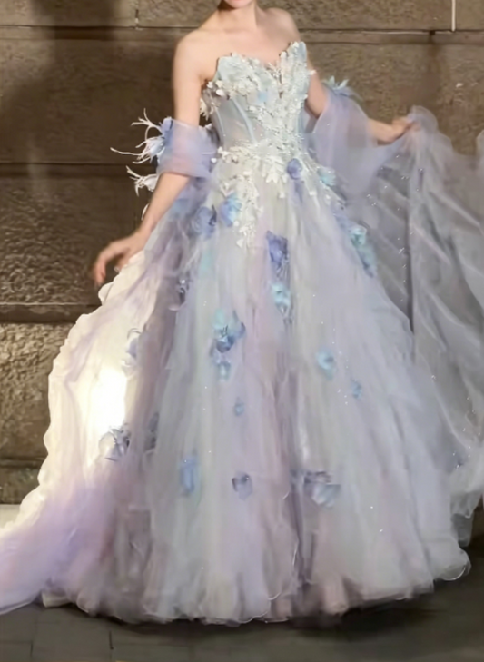 Ethereal Strapless Purple Prom Dress Appliques Sequins Tulle A-Line Evening Dress GG6276