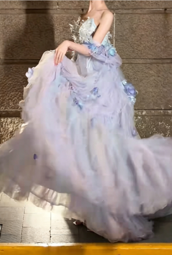 Ethereal Strapless Purple Prom Dress Appliques Sequins Tulle A-Line Evening Dress GG6276