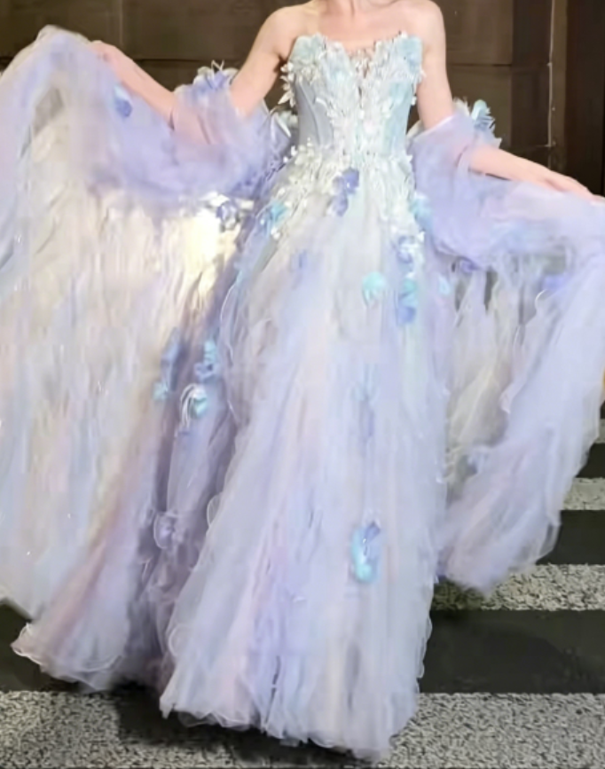 Ethereal Strapless Purple Prom Dress Appliques Sequins Tulle A-Line Evening Dress GG6276