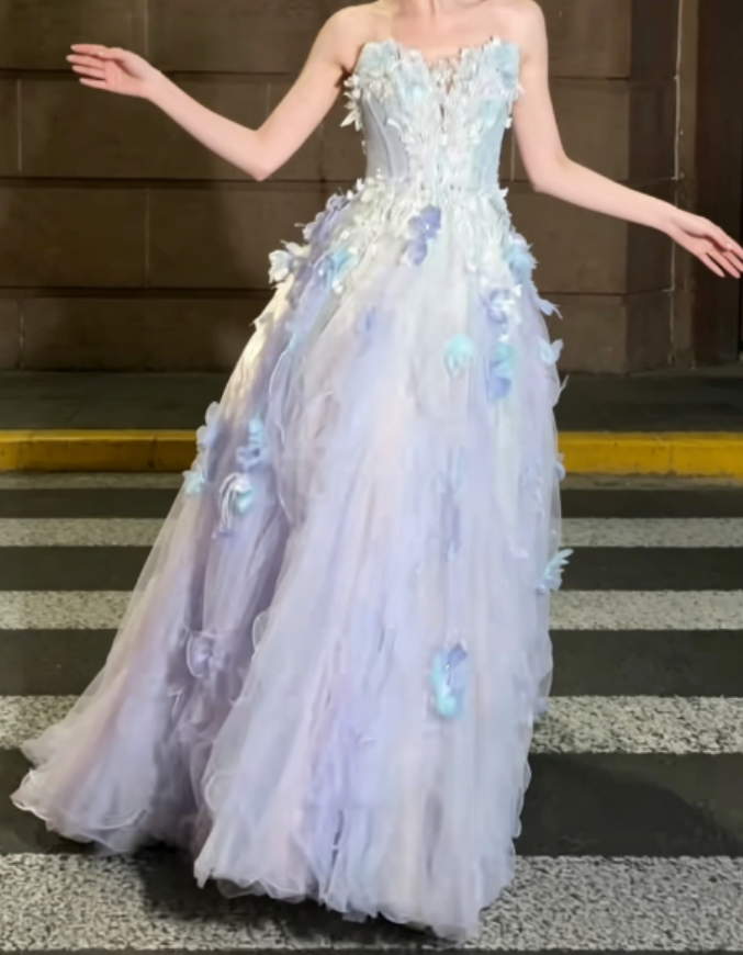 Ethereal Strapless Purple Prom Dress Appliques Sequins Tulle A-Line Evening Dress GG6276