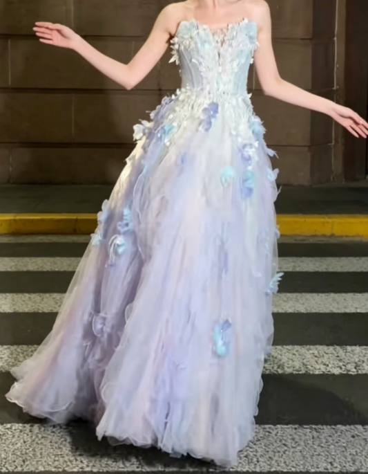Ethereal Strapless Purple Prom Dress Appliques Sequins Tulle A-Line Evening Dress GG6276