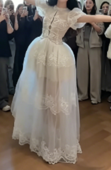 Charming Short Sleeve Tulle Wedding Dress White Appliques Bows A-Line Bridal Dress GG6280