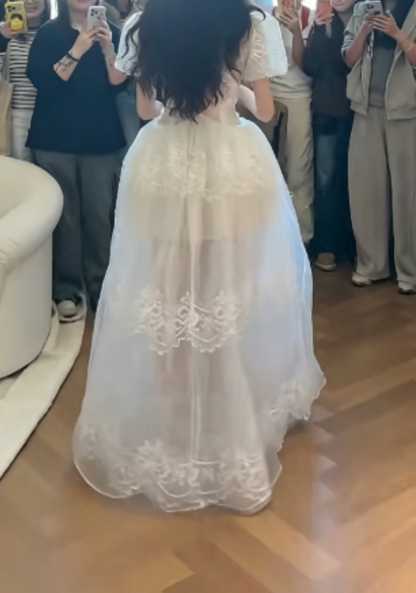 Charming Short Sleeve Tulle Wedding Dress White Appliques Bows A-Line Bridal Dress GG6280