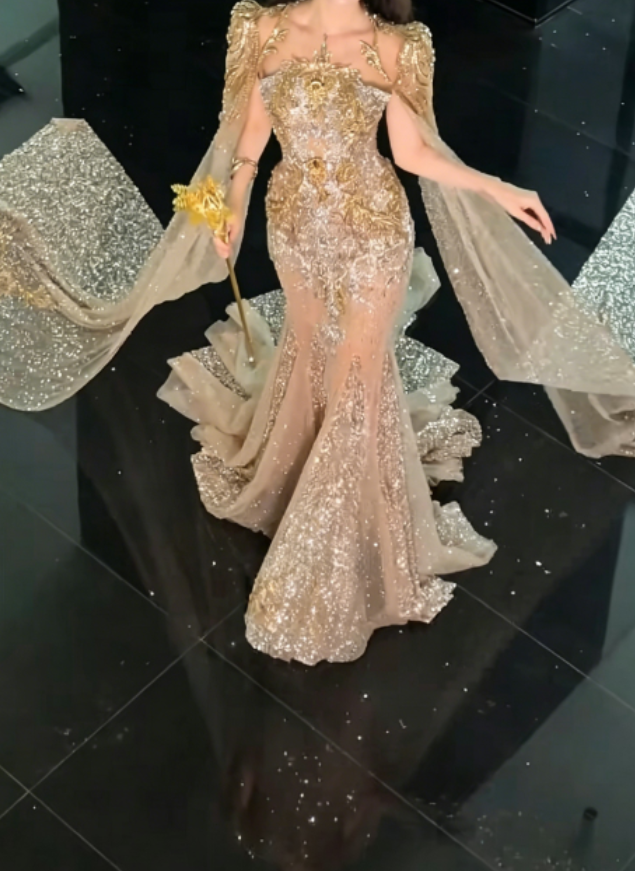 Glam Beaded Gold Prom Dress Sequins Mermaid Evening Dress GG6283