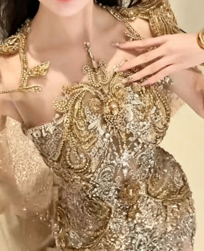 Glam Beaded Gold Prom Dress Sequins Mermaid Evening Dress GG6283
