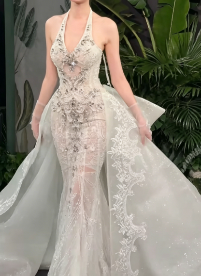 Charming Halter Neck Beaded Wedding Dress With Bow Train A-Line Bridal Dress GG6288