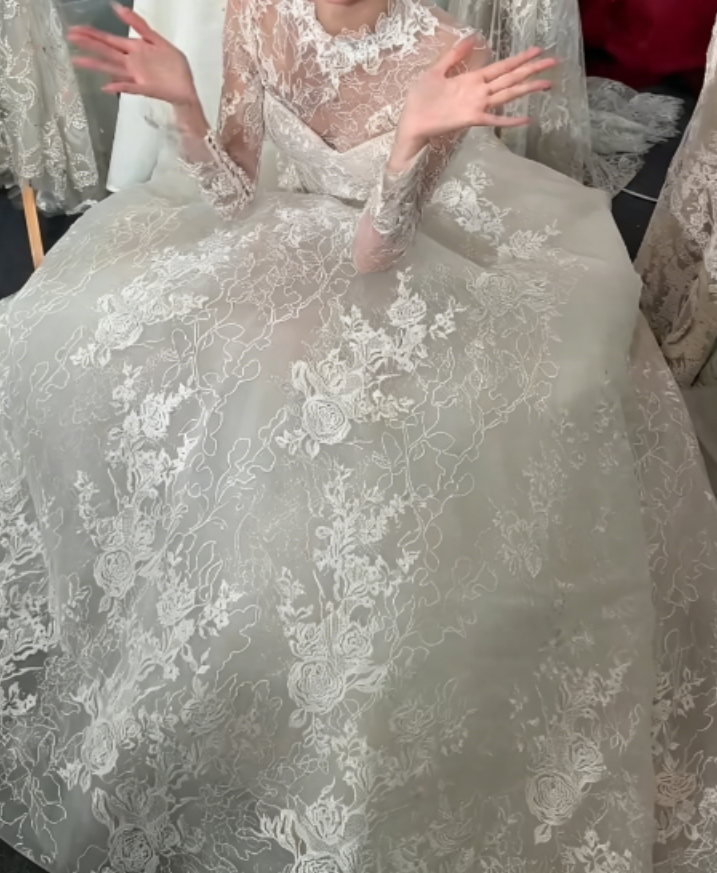 Elegant High Collar Lace Wedding Dress Long Sleeve A-Line Bridal Dress GG6289