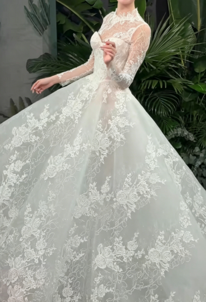 Elegant High Collar Lace Wedding Dress Long Sleeve A-Line Bridal Dress GG6289