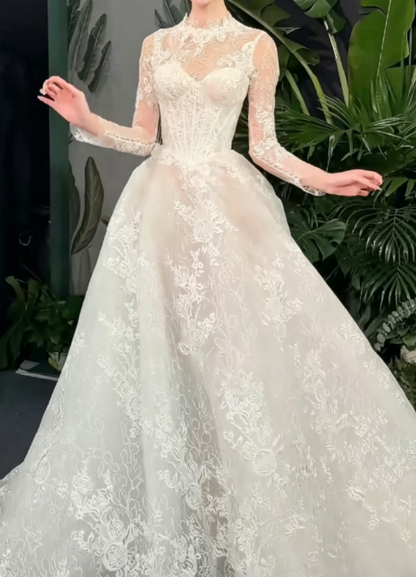 Elegant High Collar Lace Wedding Dress Long Sleeve A-Line Bridal Dress GG6289