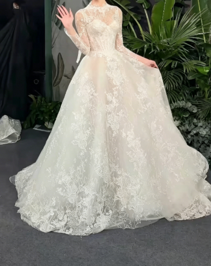 Elegant High Collar Lace Wedding Dress Long Sleeve A-Line Bridal Dress GG6289