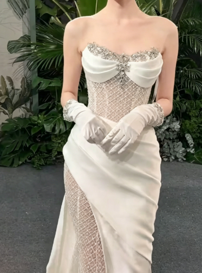 Unique Strapless White Prom Dress Satin Beaded Mesh Mermaid Evening Dress GG6290