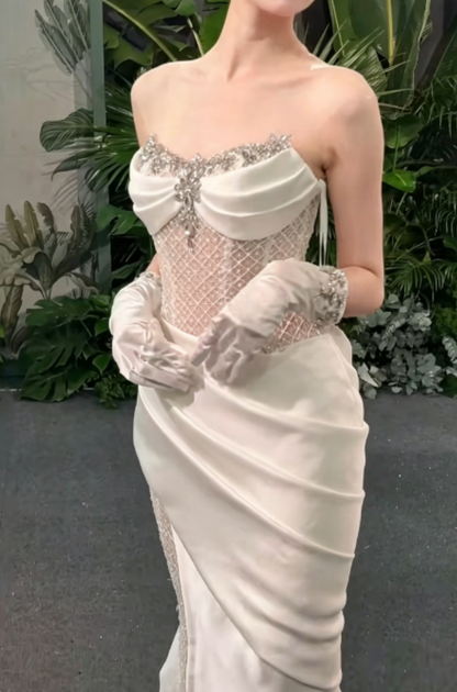 Unique Strapless White Prom Dress Satin Beaded Mesh Mermaid Evening Dress GG6290