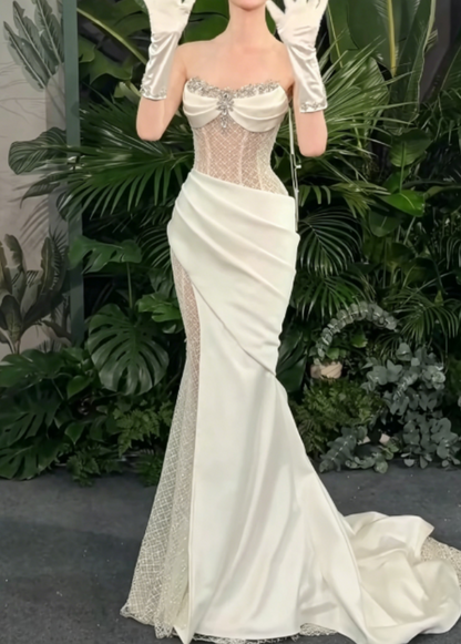 Unique Strapless White Prom Dress Satin Beaded Mesh Mermaid Evening Dress GG6290