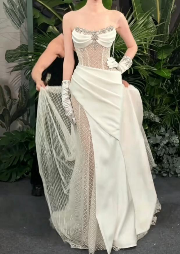 Unique Strapless White Prom Dress Satin Beaded Mesh Mermaid Evening Dress GG6290