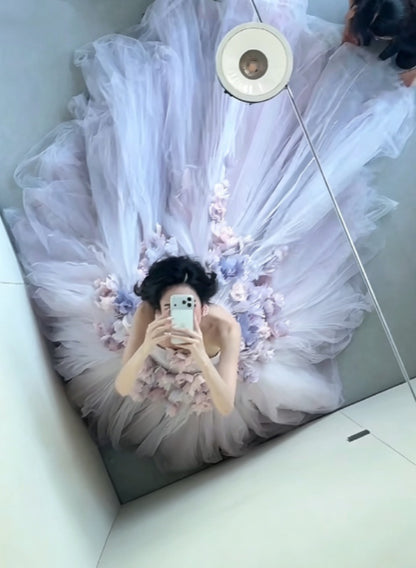 Ethereal Halter Neck Purple Prom Dress 3D Floral Tulle A-Line Evening Dress GG6291