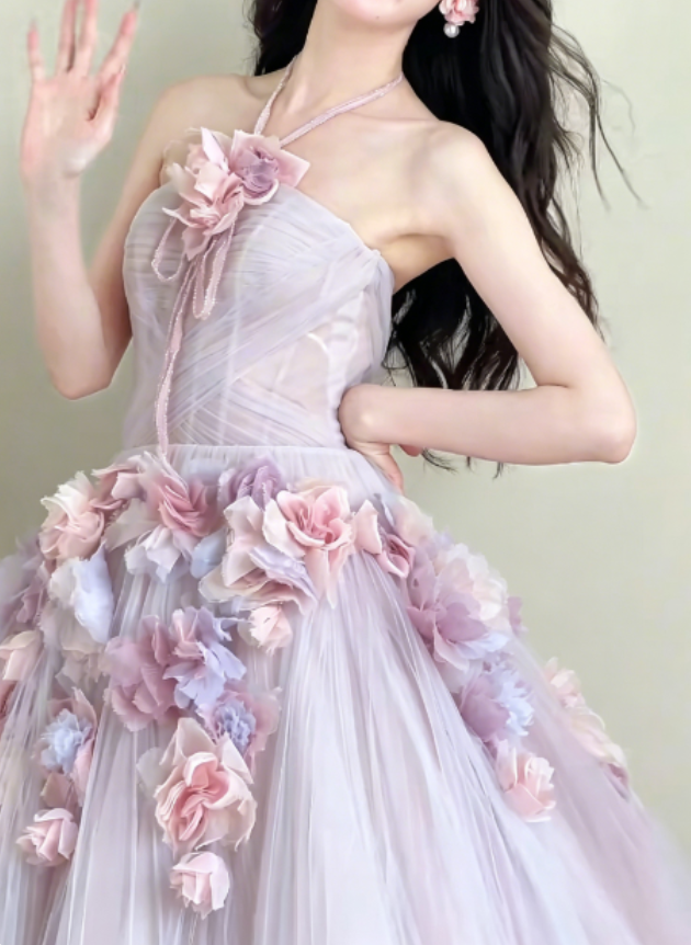 Ethereal Halter Neck Purple Prom Dress 3D Floral Tulle A-Line Evening Dress GG6291