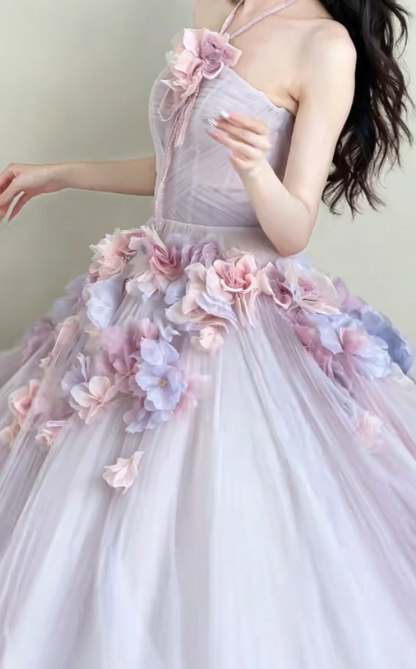 Ethereal Halter Neck Purple Prom Dress 3D Floral Tulle A-Line Evening Dress GG6291