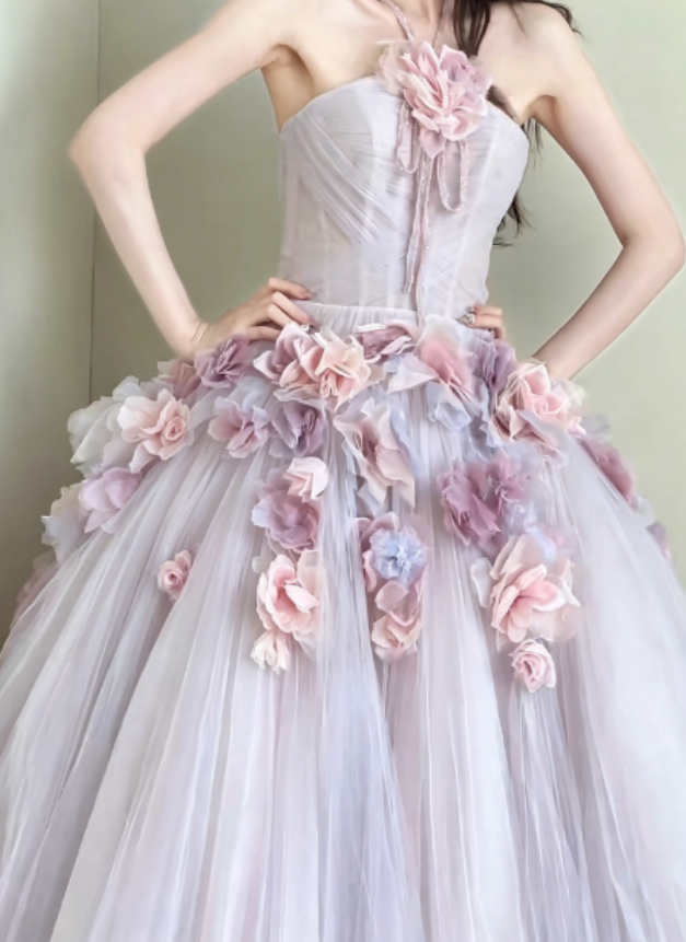 Ethereal Halter Neck Purple Prom Dress 3D Floral Tulle A-Line Evening Dress GG6291