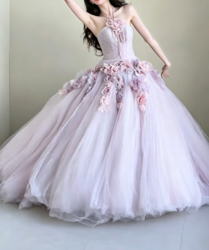 Ethereal Halter Neck Purple Prom Dress 3D Floral Tulle A-Line Evening Dress GG6291