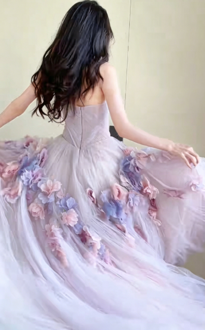 Ethereal Halter Neck Purple Prom Dress 3D Floral Tulle A-Line Evening Dress GG6291