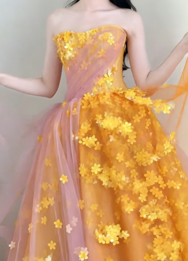 Glam Strapless Orange Prom Dress Appliques Sequins A-Line Evening Dress GG6293