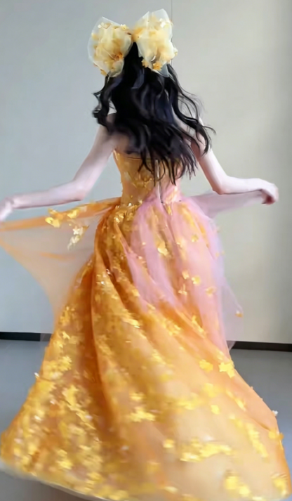 Glam Strapless Orange Prom Dress Appliques Sequins A-Line Evening Dress GG6293
